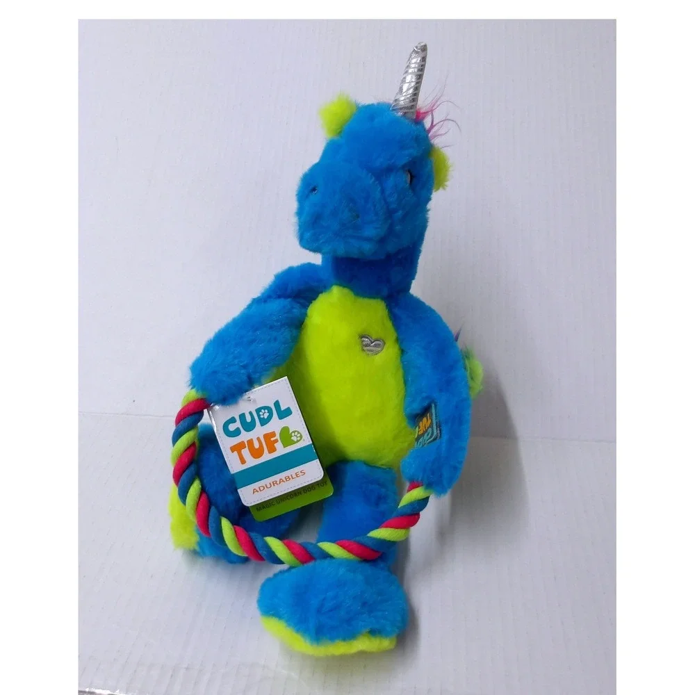 Cudl Tuff Adurables Magic Unicorn Dog Toy Blue Lime Green Plush Rope Ring #26470